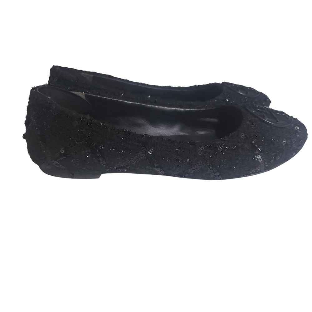 Tory Burch Reva Black Tweed Sequin Ballet Flats Logo Medallion Size 6
